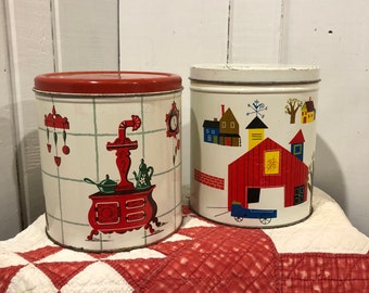 Vintage Red & White Metal Canister Farmhouse