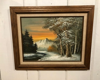 Mid Century Original Oil Painting Landscape River Mountains Snow