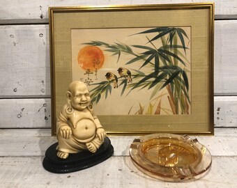 Asian Buddha Framed Bird Watercolor Carnival Glass Ash Tray