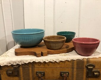 Vintage USA Bauer Mixing Bowls Aqua Teal Pink Brown