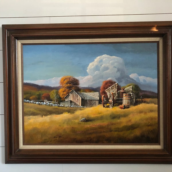 Vintage Original Oil Painting Ranch Old Wagon Milk Can Field Dakotas