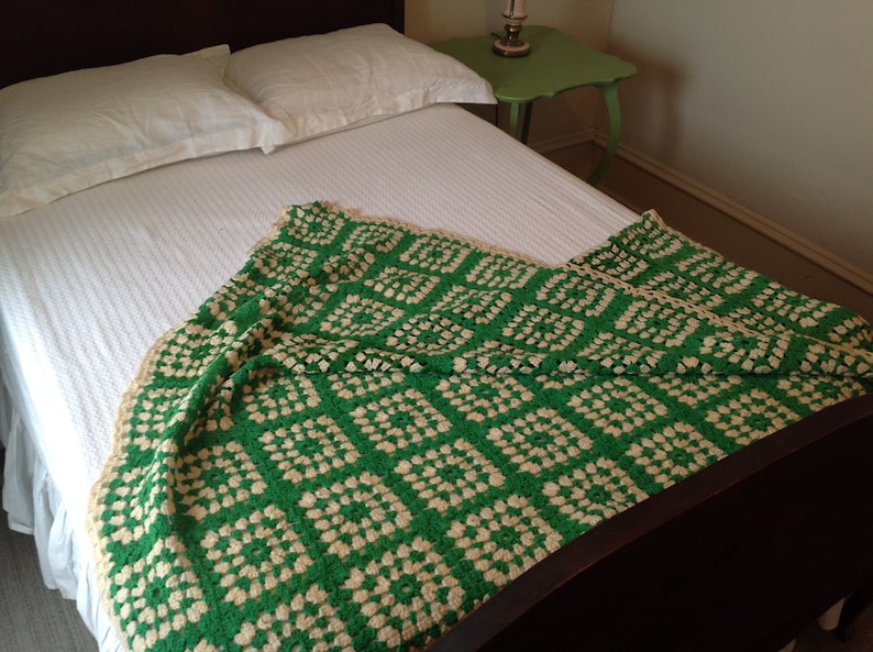 Vintage Crocheted Granny Square Green and White Blanket