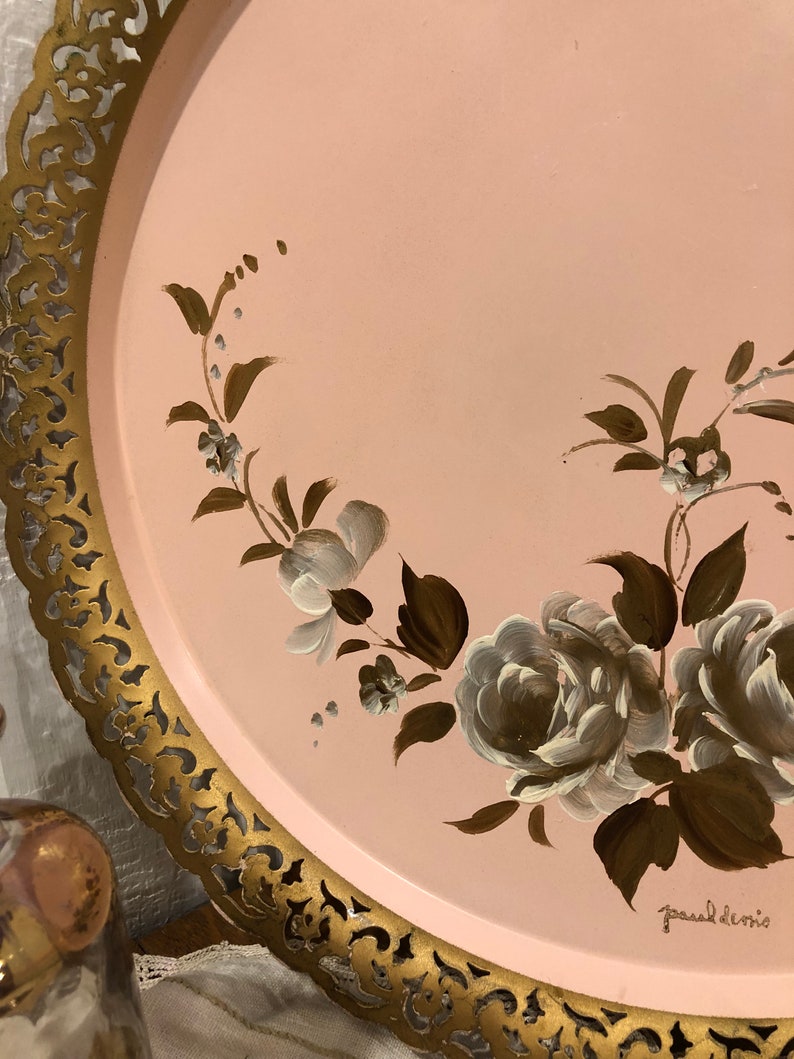 Vintage Metal Vanity Tray Blush and Gold Tole Hand Painted Etsy