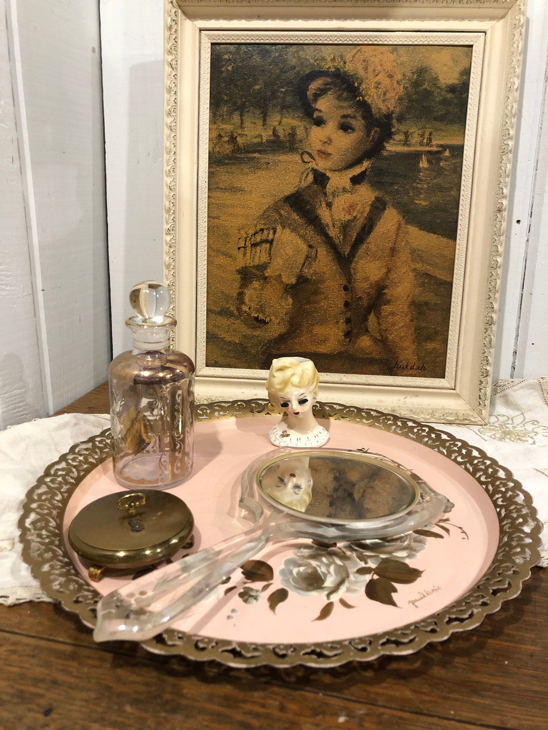 Vintage Metal Vanity Tray Blush and Gold Tole Hand Painted Etsy