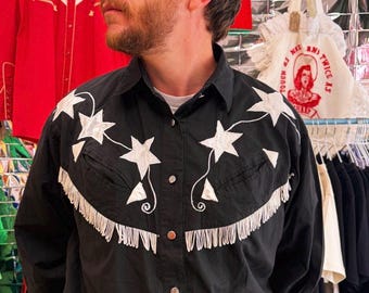 Vintage size large western shirt stars and tassels, 1970s, 1980s, 80s, 70s, black and white, cowgirl, cowboy, line dancing, true vintage