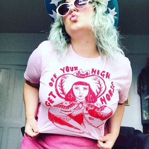 Get off your high horse T-shirt, tee, unisex, screenprinted, western, cowgirl, cowboy, 70s cowgirl, vintage horse