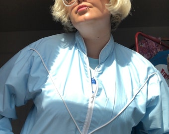 Upcycled 70s Bomber Jacket: Unisex Baby Blue Towel Coat (Size Large), 1970s, sink or swim, fisherman, sailor, tattoo