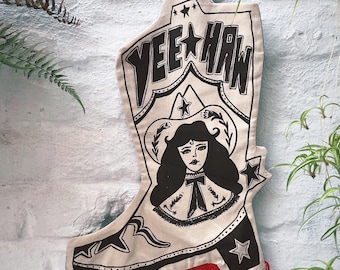 Foundling studio collaboration Yeehaw cowgirl boot red fringe Christmas stocking, cowgirl boot stocking, western boot, tassel boot, Xmas