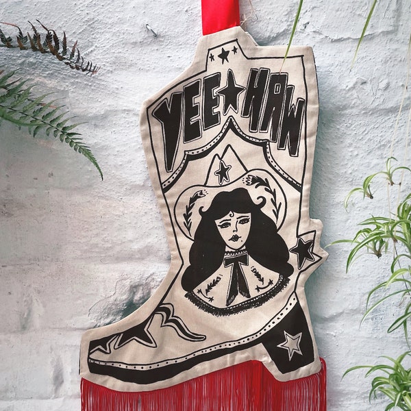 Foundling studio collaboration Yeehaw cowgirl boot red fringe Christmas stocking, cowgirl boot stocking, western boot, tassel boot, Xmas