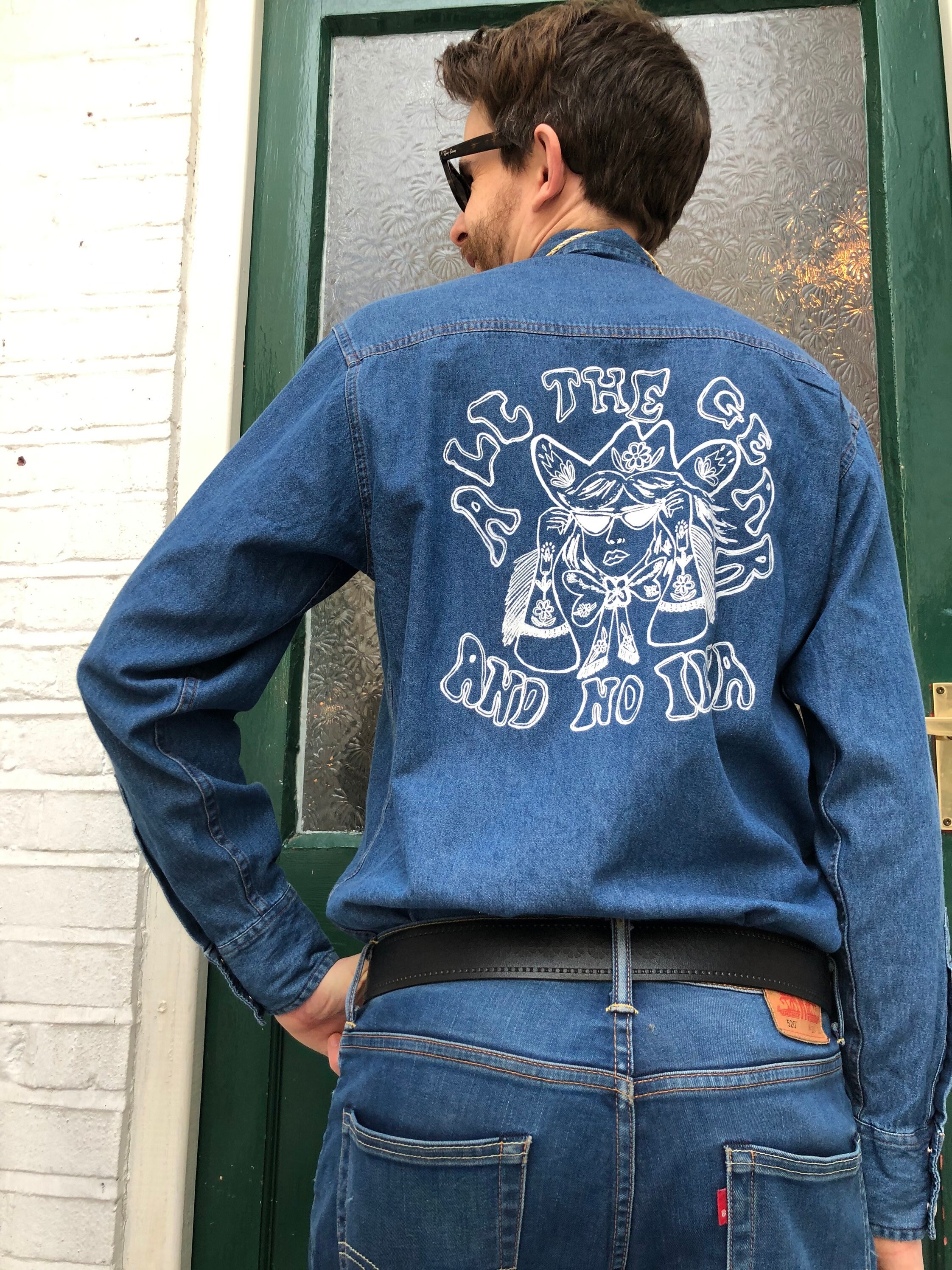 Image of Small Thrifted Western 1990S Shirt, Denim, Line Dancing Cowboy, Cowgirl, Teddy Boy Usa Wear All The Gear & No Idea
