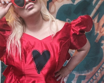 Vintage 1960s Red Silky Dress, Puff Sleeves, Black Heart Print, UK 12-14
