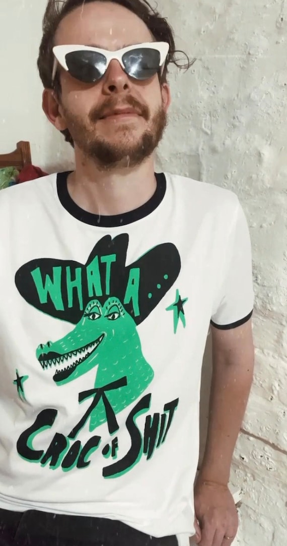 What a Croc Cowgirl Tee | 80s Vintage Ringer T-Shirt, Retro Crocodile Graphic, Hand Screenprinted Unisex Organic Cotton Shirt, Ready to Ship