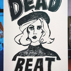 Plakat sitodrukowy Dead Beat A3, mod, dziewczyna Ye Ye, tancerka Go Go, vintage, lata 70., lata 70., laska z lat 60., beret z lat 60.