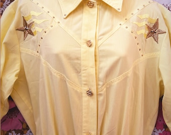Vintage 80s Yellow Country Culottes Dress: Star Rhinestone Western, cowgirl, cowboy, true vintage 1980s, 70s