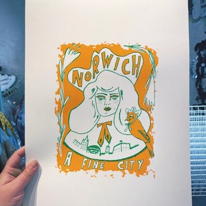 Norwich a fine city cowgirl, western screenprint, cowbabe, canary, kitsch, 70s 1970s tasselled, vintage, Norfolk, bird, 50s 1950s