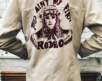 SALE Upcycled Vintage Bomber Jacket (Size 12): Hand-Screened Cowgirl Western, 70s, 1970s, suede