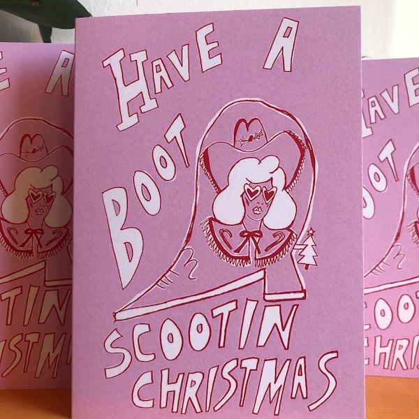 Boot Scootin  christmas xmas card, western Christmas card, yeehaw, teddy girl club, the teddy girls, western card, kitsch christmas card