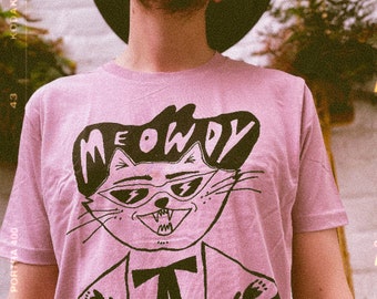 Tshirt sérigraphié unisexe neutre en matière de genre chat Meowdy, cowgirl, cowboy, chat occidental, miaou, chat vintage, chat des années 70, chat des années 1970, années 1960