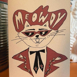 Cartão de felicitações Meowdy, aniversário a6 feito à mão, celebração, cowboy, cowgirl, gato, senhora louca por gatos, cowpoke, western, vintage anos 70, anos 1970, kitsch