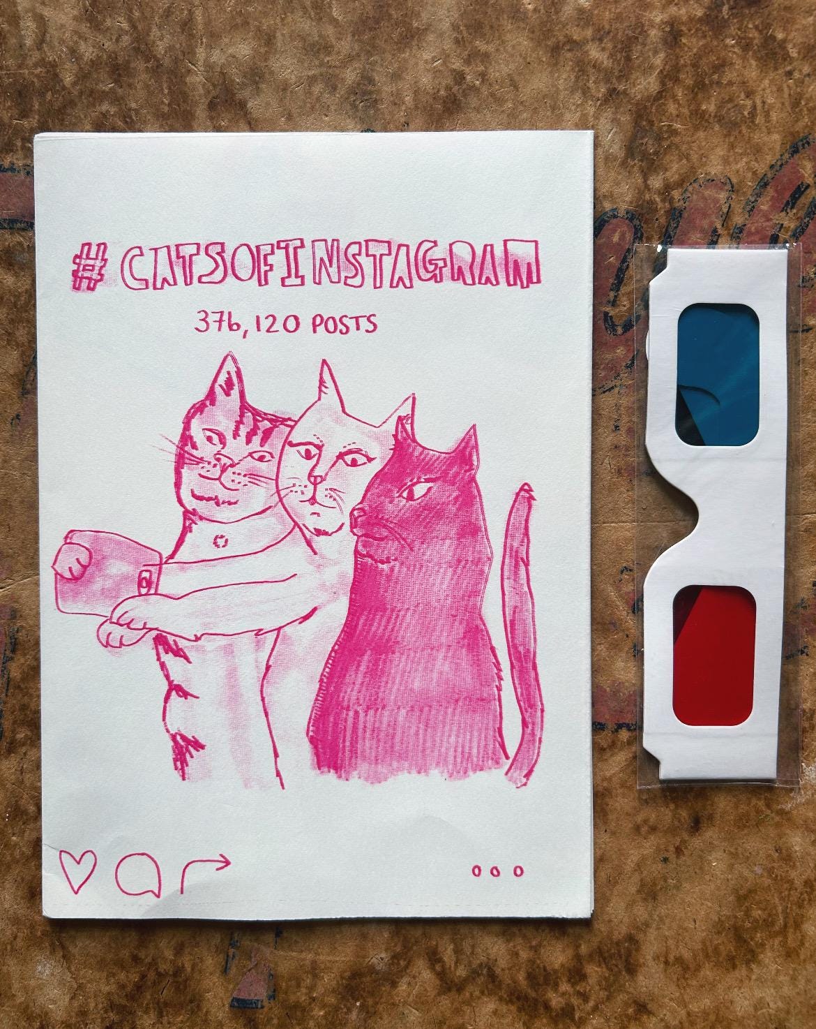 a5 plus cats of instagram zine, with fold out massive a2 poster 3d poster, hand screenprinted, comes with 3d glasses, limited edition, cat