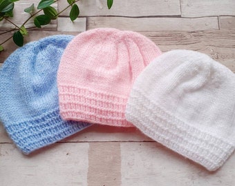 Newborn baby, 0-3 months baby white pink, blue unisex knitted beanie hat, hand knit baby wear. Various colours,  UK seller, new baby gifts.