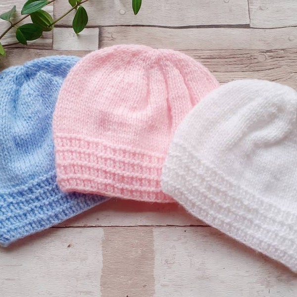 Newborn baby, 0-3 months baby white pink, blue unisex knitted beanie hat, hand knit baby wear. Various colours,  UK seller, new baby gifts.