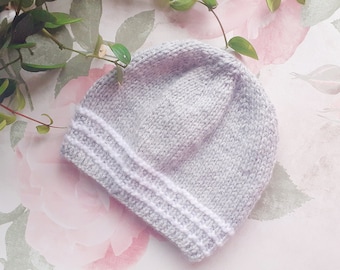 Grey and white unisex knitted baby hat. Newborn baby wear.