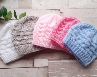 Premature baby hat, tiny baby, preemie baby knitted beanie hats hand knit baby wear. New baby gifts. 20cm-30cm head. Variety of colours.