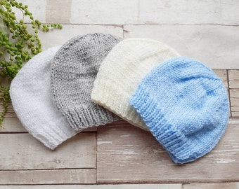 Newborn baby, 0-3 months baby white unisex knitted beanie hat, hand knit baby wear. Various colours,  UK seller, new baby gifts.