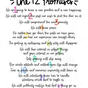 Op de afbeelding: Op een witte achtergrond staat de tekst "The 12 Promises" in handschriftstijl. De tekst bevat twaalf beloften in het zwart, elk genummerd en gemarkeerd met een andere kleur. De beloften gaan over persoonlijke groei en het overwinnen van uitdagingen.
