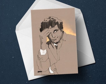 Columbo birthday greeting card vintage 70s movie, murder mystery fan art drawing, unique mens dad gifts for him her wife