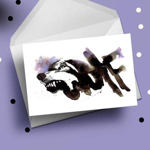Lupo inchiostro disegno legno animale biglietto di auguri di compleanno, graffiti pittura d'arte, regalo bosco selvaggio