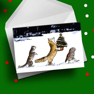 Animal Christmas Card, Cat, Fox & Owl in Snow Greeting Card, cute drawing