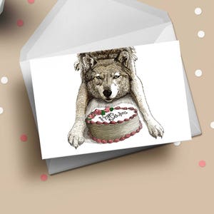 Tarjeta de felicitación de cumpleaños del lobo bosque lindo animal cake tarjeta, regalo único para él su tamaño popular A6