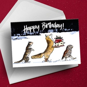 Animal birthday greeting card, Cat, Fox & Owl in woodland snow, cute drawing unique gift idea for her wife best girlfriend
