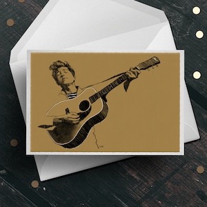 Tarjeta de cumpleaños de Bob Dylan, saludo de música folk vintage, fan de los 60s 70s, regalo de arte de guitarra para él, papá mamá novio novia marido esposa