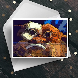 Biglietto d'auguri Gremlins Gizmo, geek film cult anni '80, arte idea regalo unica per lui suo marito moglie fidanzato fidanzata papà mamma