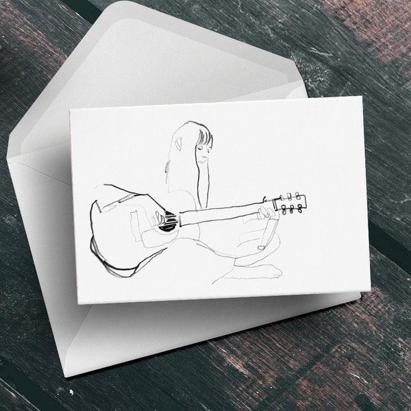 Joni Mitchell birthday greeting card, folk rock music guitar musician sketch 60s vintage unique gift for him her wife husband mum dad A6