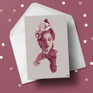 Carte de vœux Vogue 1940s, rétro antique mode vintage Français illustration de style pour elle, femme petite amie grand-mère idée cadeau unique