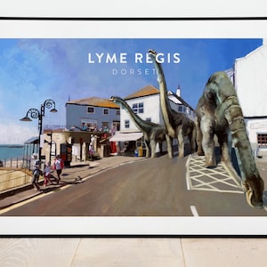 Dinosaurio Lyme Regis arte impresión historia de vacaciones junto al mar pintura A4 pared casa decoración Jurásico Costa regalo para él su hijo hijo esposa marido