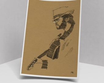Neil Young art print, 70s rock music fan mens gift idea for him dad husband boyfriend office drawing art 210 x 297 mm