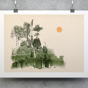 Angkor Wat Cambodia temple travel painting A4 art print, South East Asia history beautiful drawing watercolour digital gift idea for him her