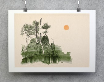 Angkor Wat Cambodia temple travel painting A4 art print, South East Asia history beautiful drawing watercolour digital gift idea for him her