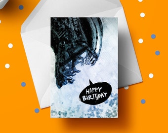 Alien movie Birthday Card, xenomorph greeting card, 70s horror film geek, art mens gift idea for him husband boyfriend dad granddad