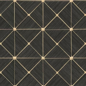 May include: Black and gold geometric wallpaper with a repeating pattern of overlapping squares and diamonds.