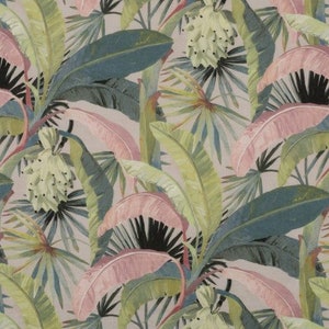 May include: A seamless pattern featuring tropical leaves in shades of green, pink, and blue. The leaves are arranged in a repeating pattern, creating a lush and vibrant design.