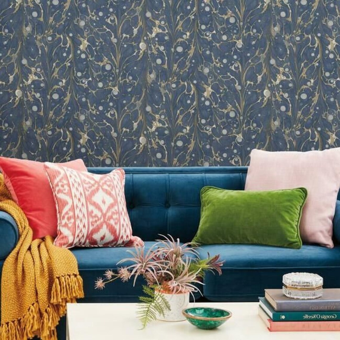 Marbled Endpaper Navy PEEL & STICK Wallpaper | Etsy