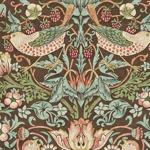 May include: A vintage style floral pattern with birds and berries in shades of green, brown, and red. The pattern is symmetrical and features a repeating design of birds, flowers, and leaves.
