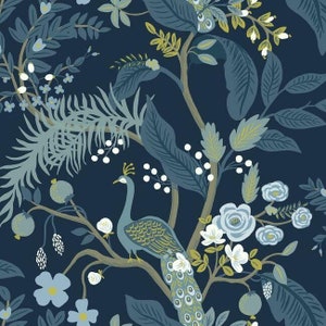 Navy Floral Peacock Wallpaper