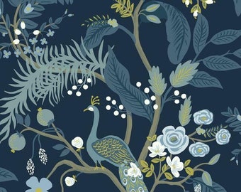 Navy Floral Peacock Wallpaper